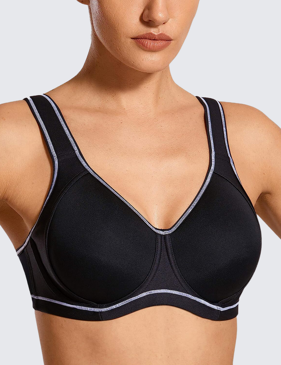  SYROKAN Womens Sports Bra Front Adjustable High Impact  Support Padded Wireless Racerback Plus Size Running Bra Leather